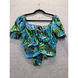Milk & Honey Tropical Monstera Leaf Print Crop Top Blue Green Tie Back Small